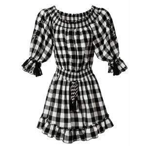 Vintage Havanna Women's Dress Black & White Plaid Checkered With Tassels